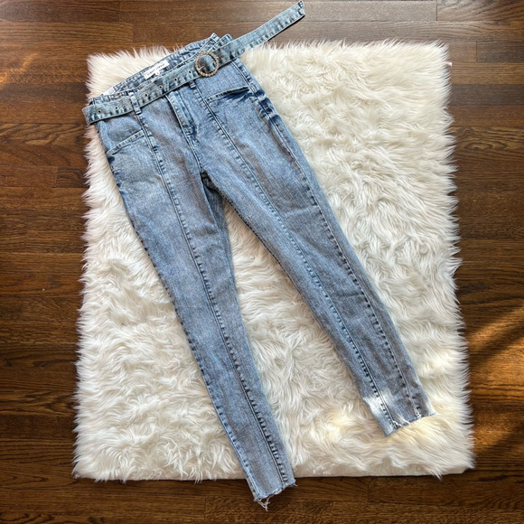 Almost Famous Denim - Almost Famous Womens Skinny Jeans Blue Belted Light Wash Mid Rise Juniors 5